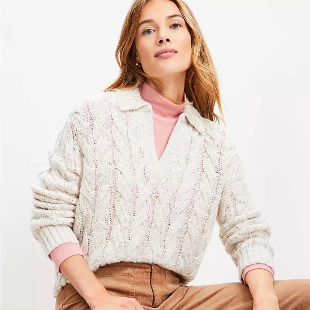 Petite Flecked Collared Split Neck Cable Sweater - image 2